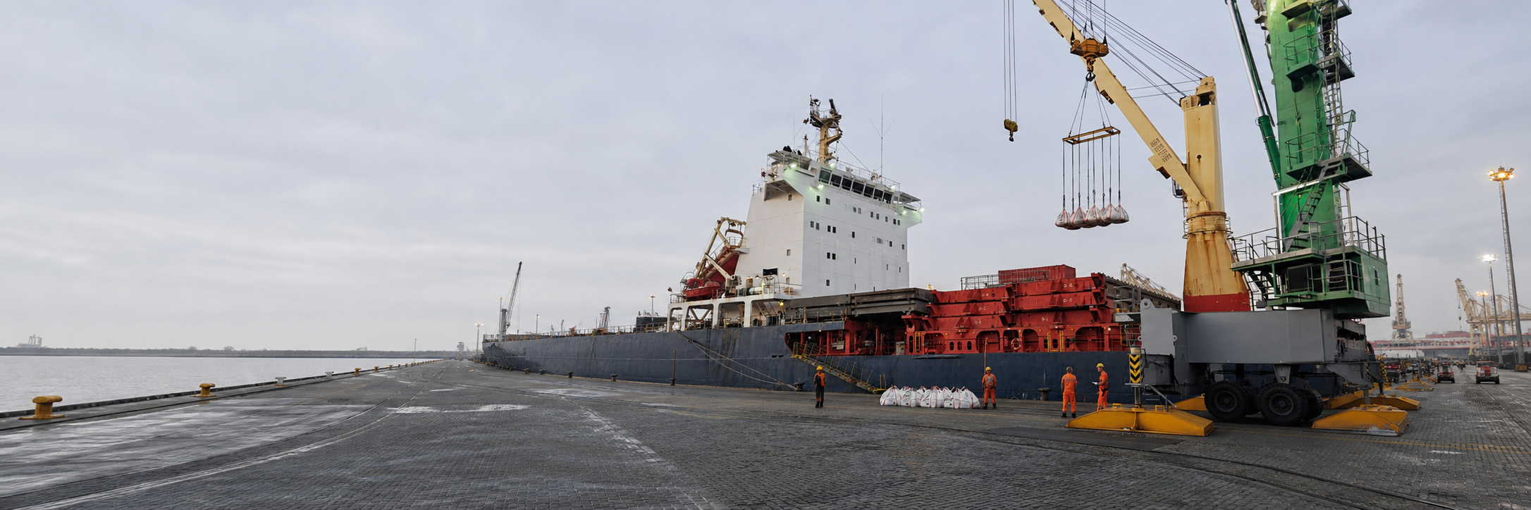 Big bags lifted from a cargo vessel during discharge supervision